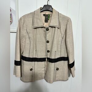 Kenar Women's Cream Linen & Cotton Blazer with Black Detailing